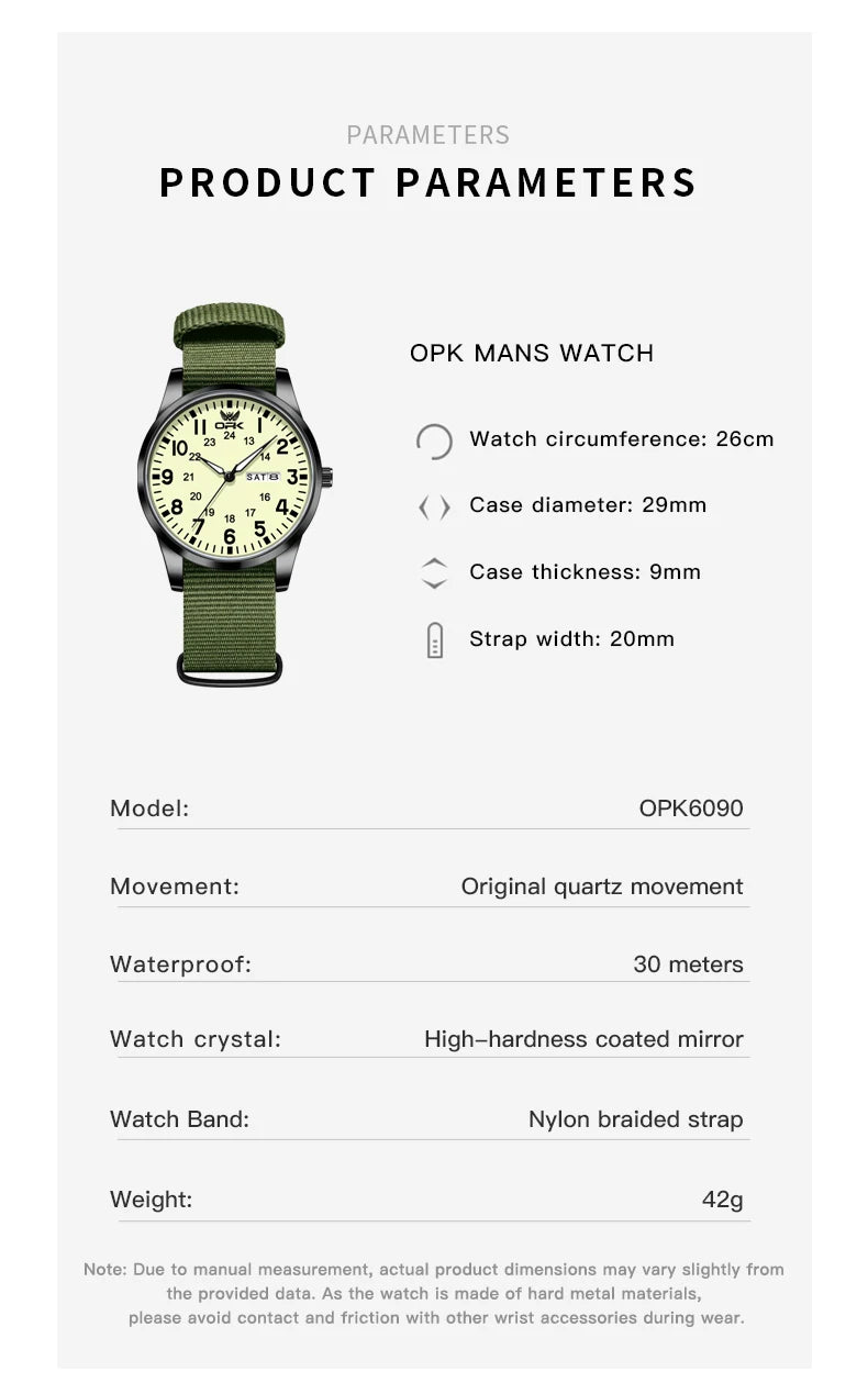 OPK 6090 Quartz Watches for Man Fashion Casual Nylon Webbing Watchband Dual Calendar Waterproof Luminous Men's Sports Watches