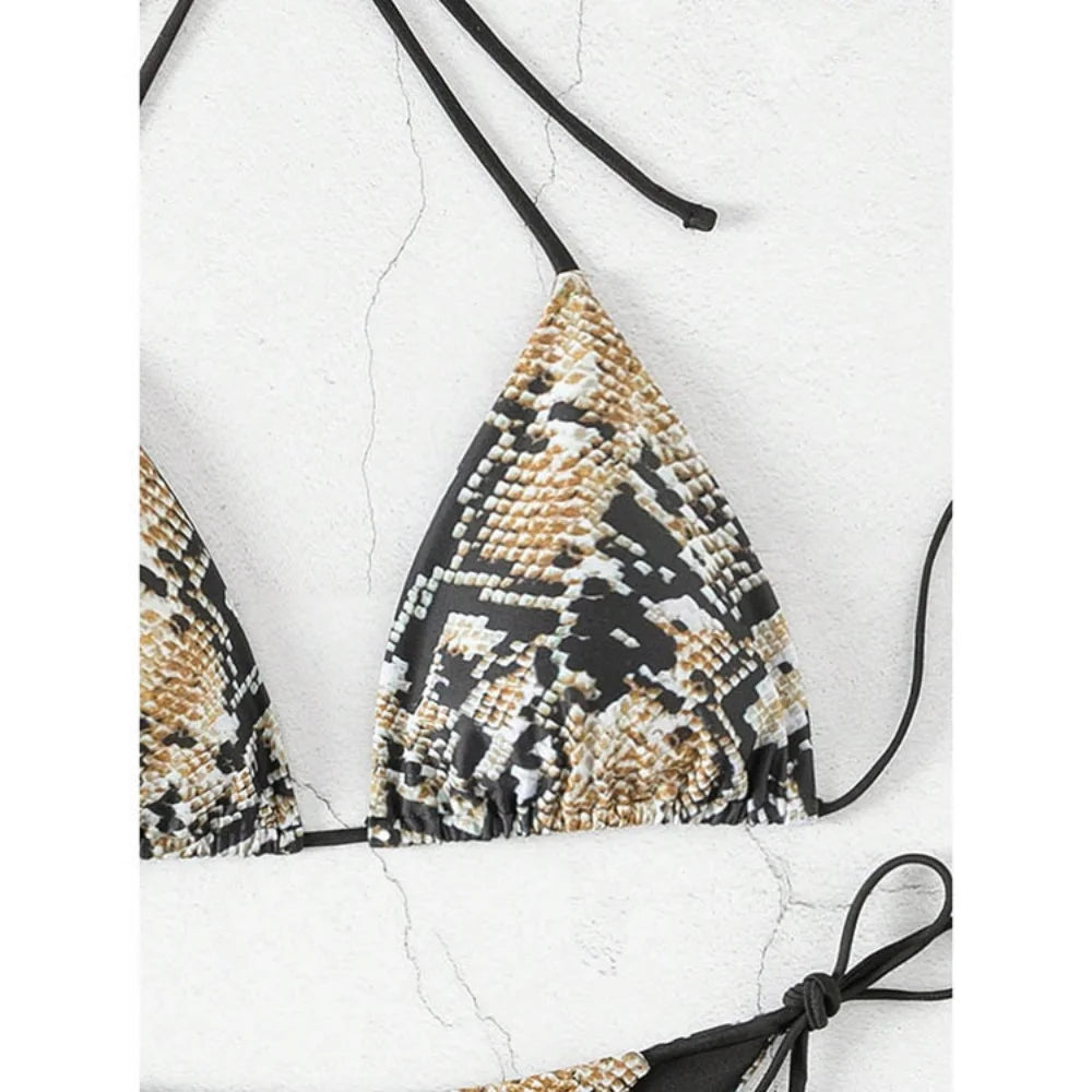Sexy Leopard Print Two Piece Swimsuit Set Triangle Bra Suspender Halter Backless Bikini Set Beach Vacation Lace-up Swimwear 2025