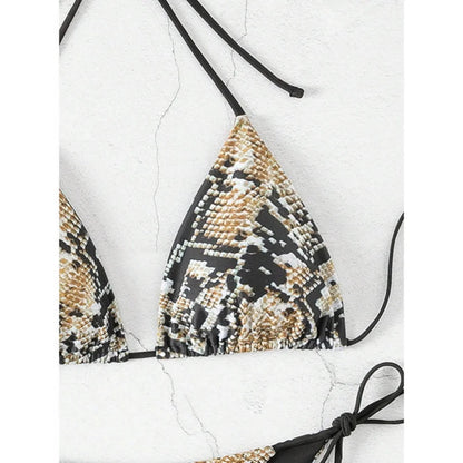 Sexy Leopard Print Two Piece Swimsuit Set Triangle Bra Suspender Halter Backless Bikini Set Beach Vacation Lace-up Swimwear 2025