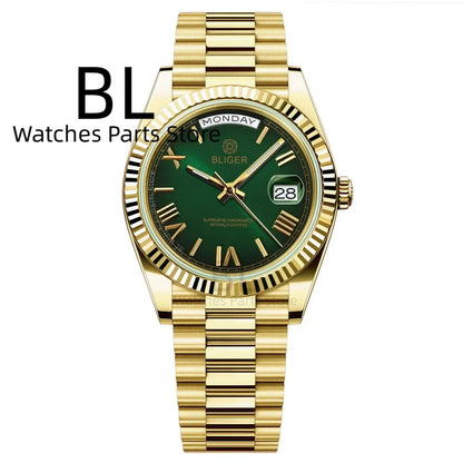 BLIGER 36mm39mm Silver Gold Luxury Enamel Dial Men's Watches Miyota8285 Week Date Function Waterproof Sapphire Glass Reloj Hombr