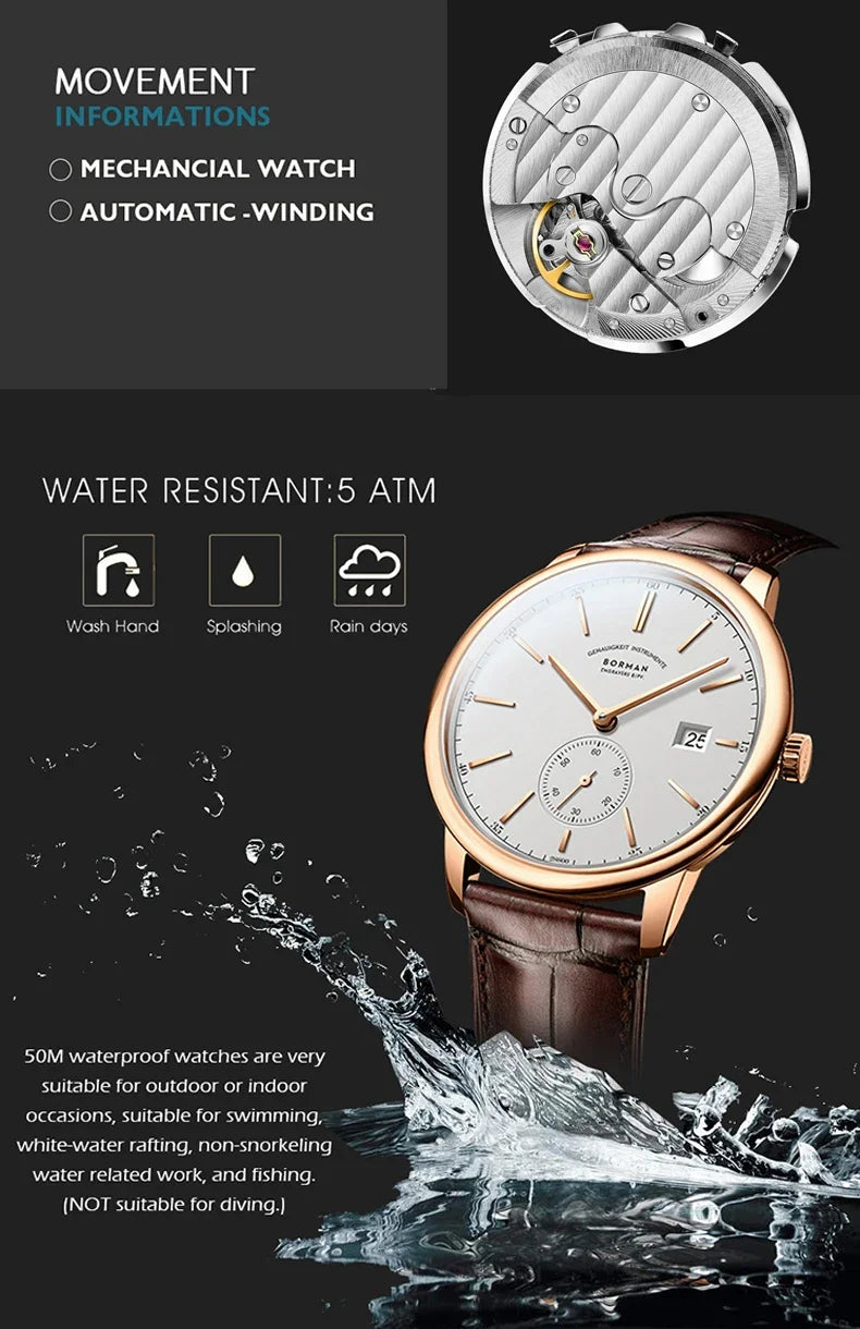 BORMAN Luxury Mens Automatic Mechanical Watch Rose Gold Case Sub Dial Sport Watches Genuine Leather High Quality Gentleman Clock