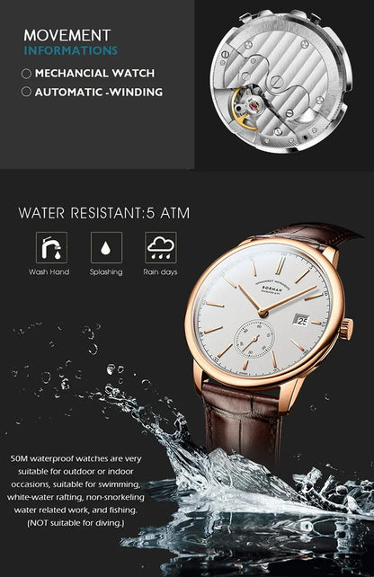BORMAN Luxury Mens Automatic Mechanical Watch Rose Gold Case Sub Dial Sport Watches Genuine Leather High Quality Gentleman Clock