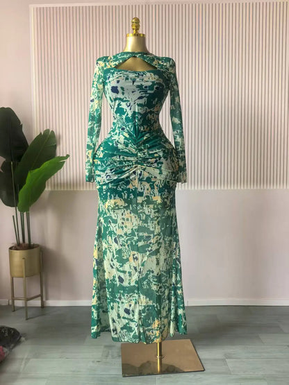 CM.YAYA Women Draped V-neck Cutout Front Ruched Stacked Bodycon Midi Long Maxi Dress 2025 Night Club Party Vestidos Sexy Dresses