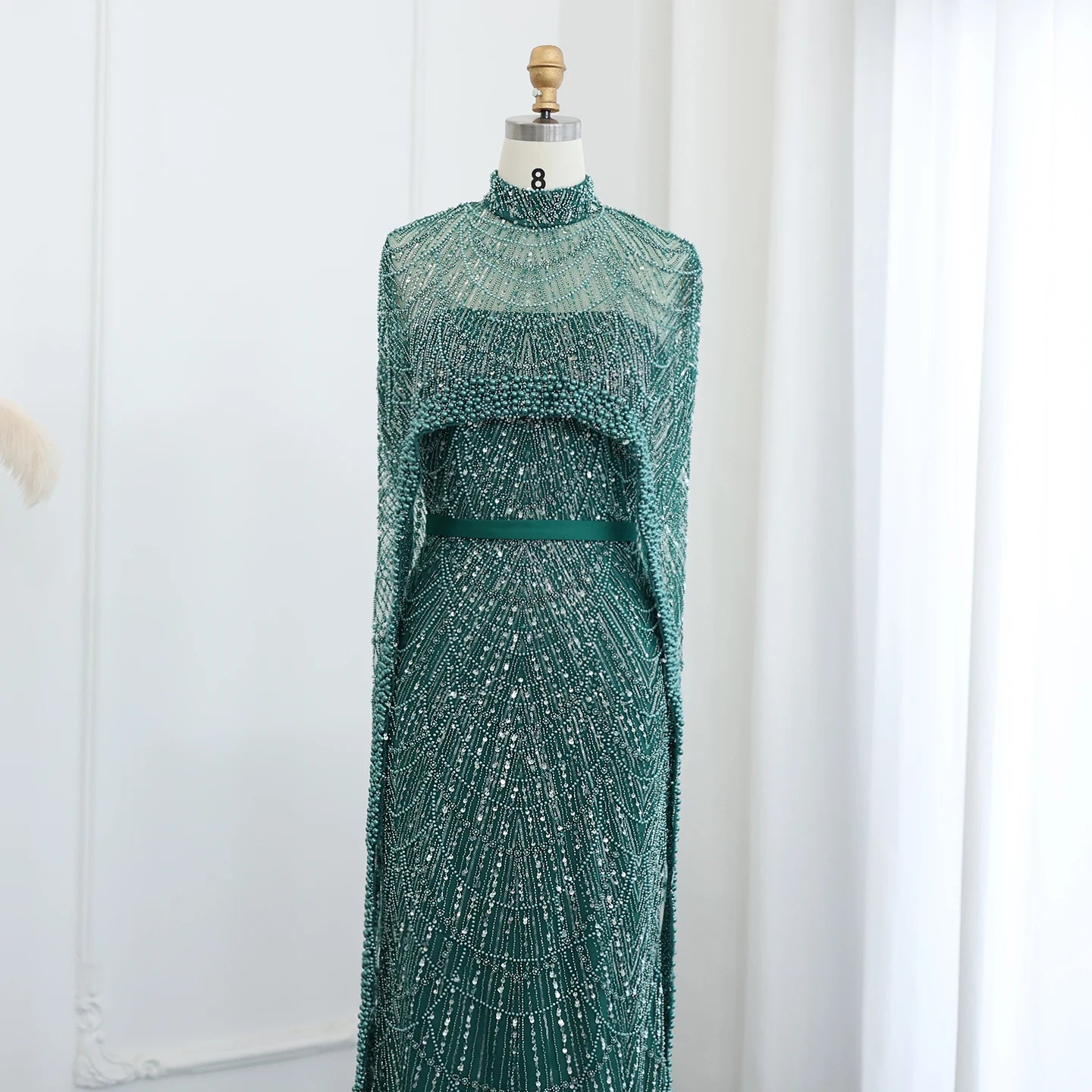 Sharon Said Luxury Pearls Dubai Champagne Evening Dresses with Cape New Arabic Women Mermaid Wedding Party Prom Dress SS369