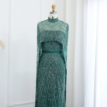 Sharon Said Luxury Pearls Dubai Champagne Evening Dresses with Cape New Arabic Women Mermaid Wedding Party Prom Dress SS369