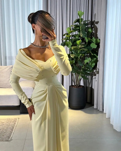 Customized Mermaid Off The Shoulder Prom Dresses Long Sleeves Pleated Beadings Floor Length Evening Dresses Party Dresses