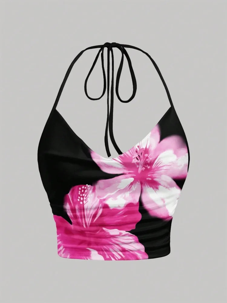 Tie-dye Floral Print Halter Top for Women Summer Y2K Clothes Sexy Backless Drape V-neck Crop Top Streetwear