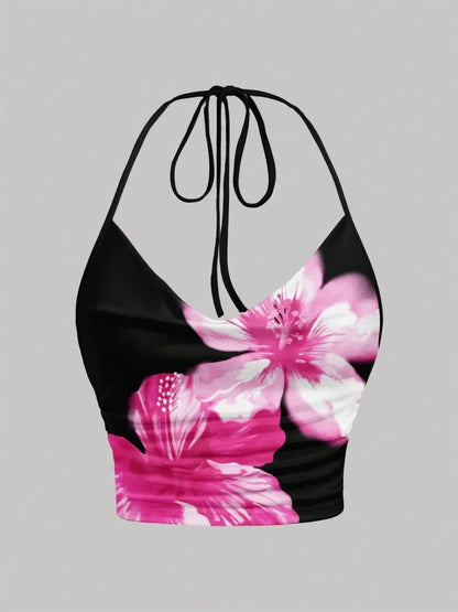 Tie-dye Floral Print Halter Top for Women Summer Y2K Clothes Sexy Backless Drape V-neck Crop Top Streetwear