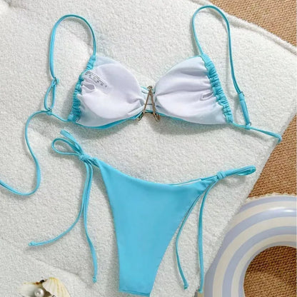 Sexy Solid Color Bikini Set Two Piece Swimsuit Pure Color Quick Dry Backless High Elasticity Nylon Fabric for Swimming And Wa...