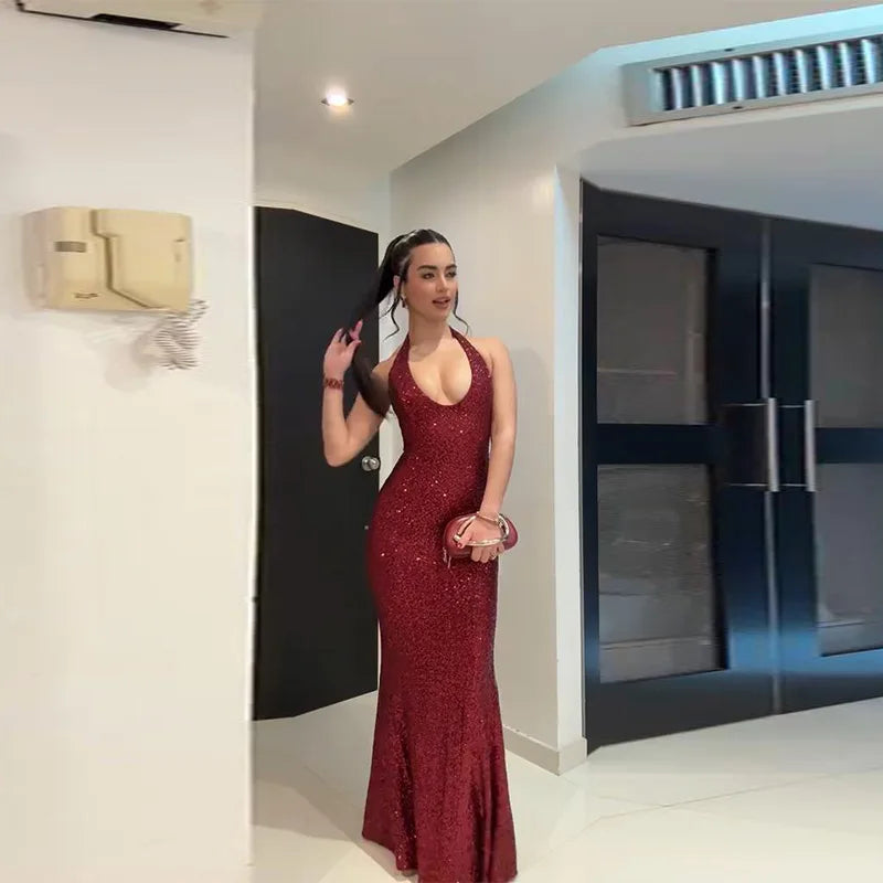 Sexy Shiny Sequined Mesh Club Evening Party Dresses Women 2026 Summer Autumn Sleeveless Backless Bodycon Maxi Long Dress