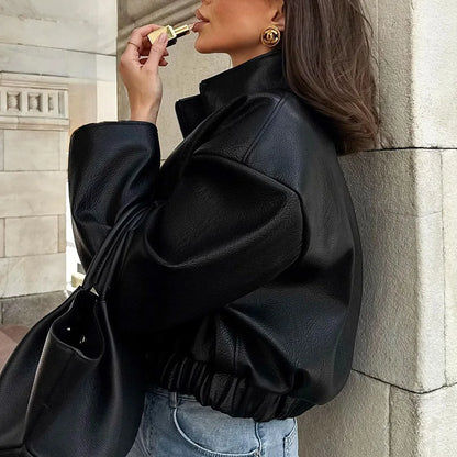 Women's 2025 Fall Winter Black PU Leather Jacket Oversized Commuter Style PU Leather Jacket for Women Office Wear Coat