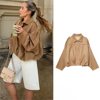KONDALA Casual Soft Martini Green Bomber Jackets Women Long Lantern Sleeve Oversized Autumn Winter Coats Fashion 2025 Outwears