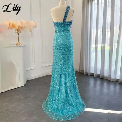 Lily Blue Gorgeous Rhinestones Prom Dresses One Shoulder Sleeveless Evening Dress Pearls Sequins Mermaid Party Gowns Customized