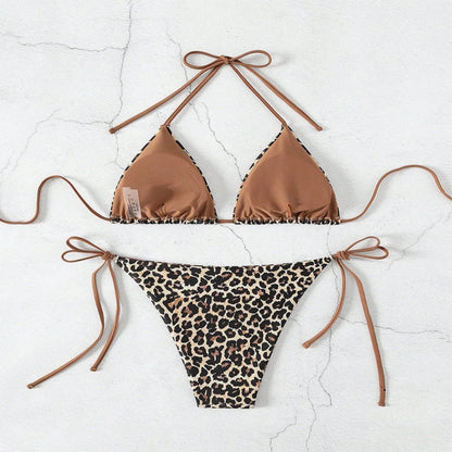 Sexy Leopard Print Two Piece Swimsuit Set Triangle Bra Suspender Halter Backless Bikini Set Beach Vacation Lace-up Swimwear 2025