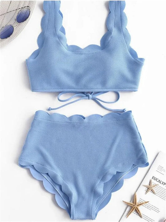 Solid Blue Two Pieces Swimsuit Bathing Suits Bikini Women Scalloped Textured High Waisted Bikini Set Lace Up Bathing Suits XXL