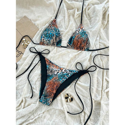 Sexy Leopard Print Two Piece Swimsuit Set Triangle Bra Suspender Halter Backless Bikini Set Beach Vacation Lace-up Swimwear 2025