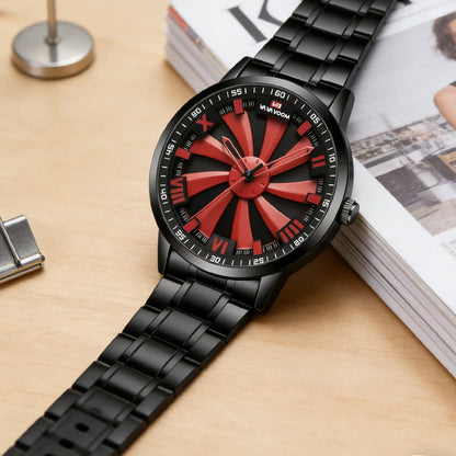 Sports Men Watch 43mm Red Rotating Dial Black Stainless Steel With Quartz Clock Simulation Car Hub 3Bar Daily Waterproof Watches