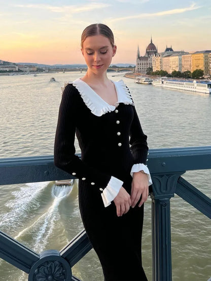 TARUXY High Waist Ruffled Maxi Dresses For Women Autumn Winter Knitted Slim Long Dress Women's Vintage Dress Woman Retro Elegant