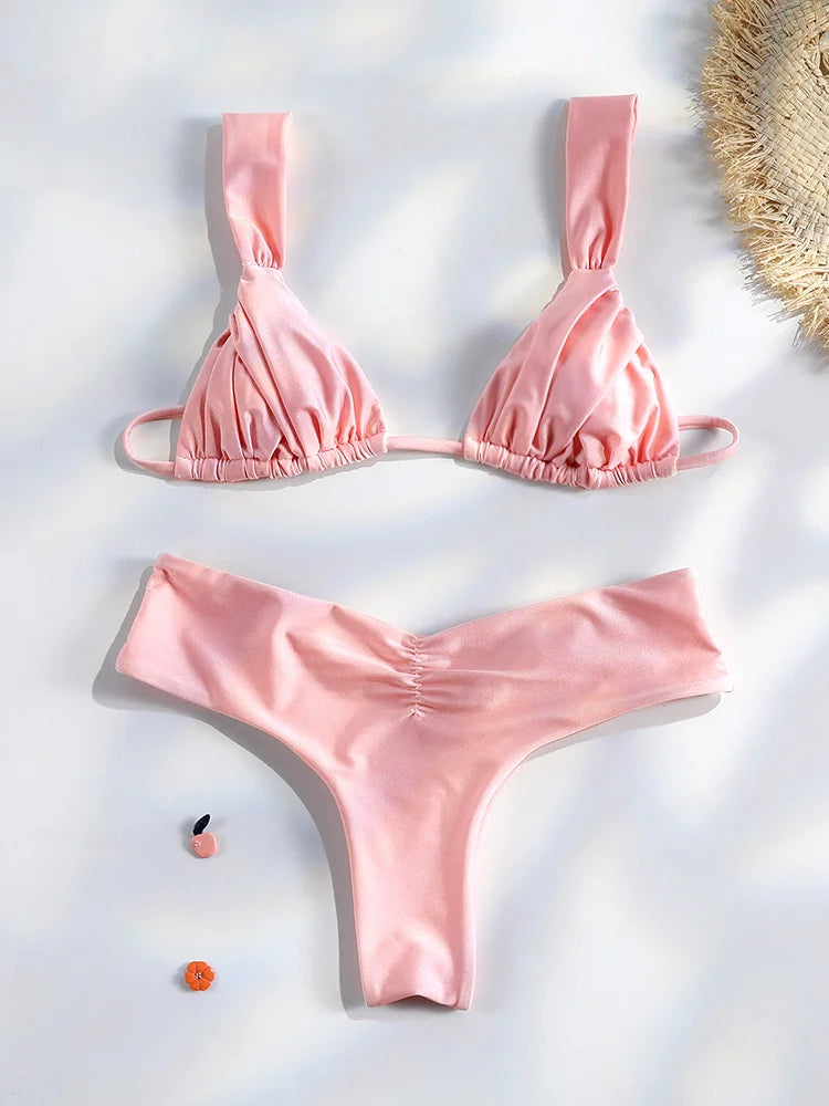 Sexy Folds Bikini Set Solid Micro Bikinis Women Swimsuit Female Triangle Swimwear Beach Wear Bathing Suit