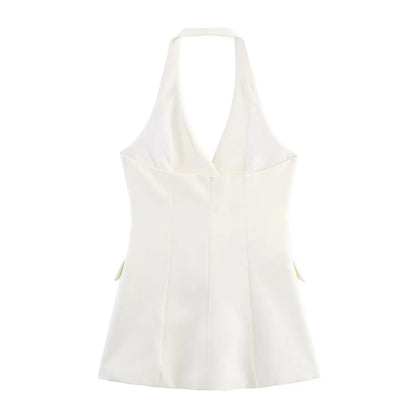 HH Female Sexy Mini Dress Grey Turn-Down Collar Sleeveless Backless Double Breasted Summer A-Line Dresses Woman New Trendy
