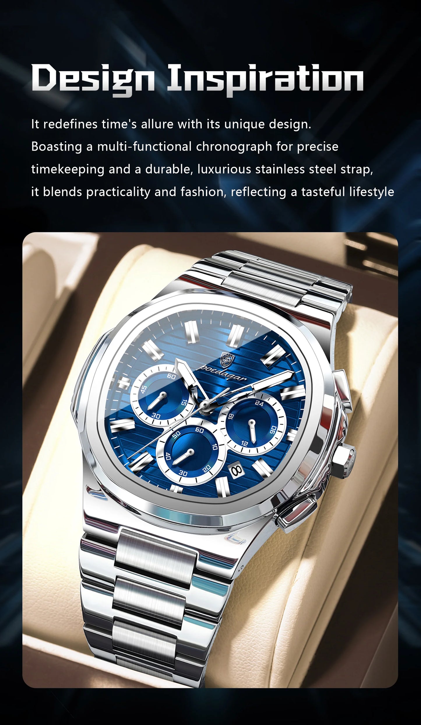 POEDAGAR Business Male Clock Date Chronograph Waterproof Luminous Luxury Men Watch Stainless Steel Quartz Fashion Men's Watches