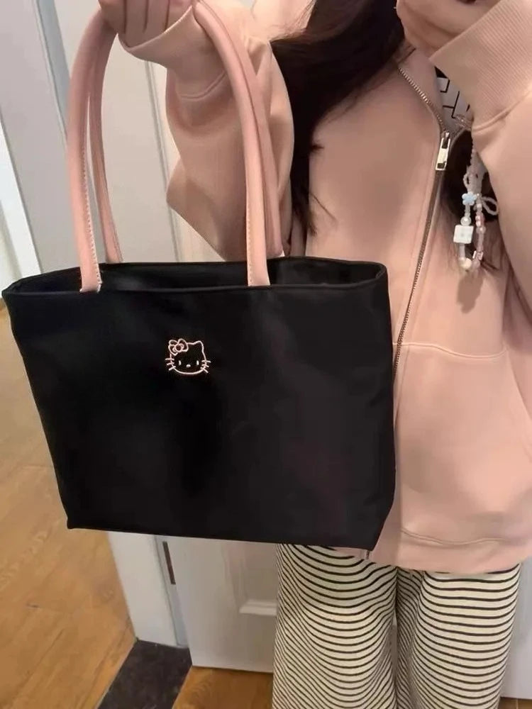 Fashionable womens HelloKitty black tote bag cute cartoon embroidery large capacity shopping bag fashionable womens shoulder bag