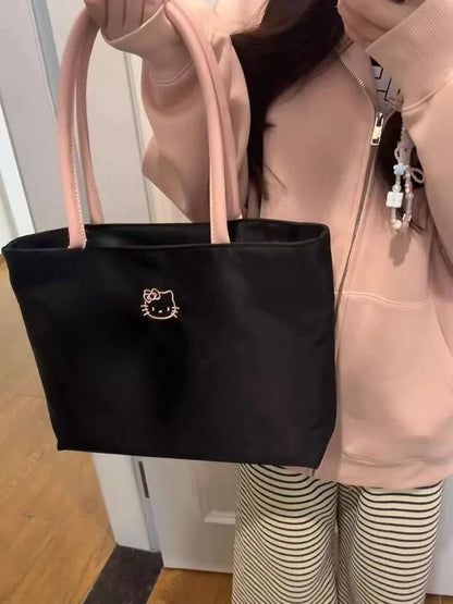 Fashionable womens HelloKitty black tote bag cute cartoon embroidery large capacity shopping bag fashionable womens shoulder bag