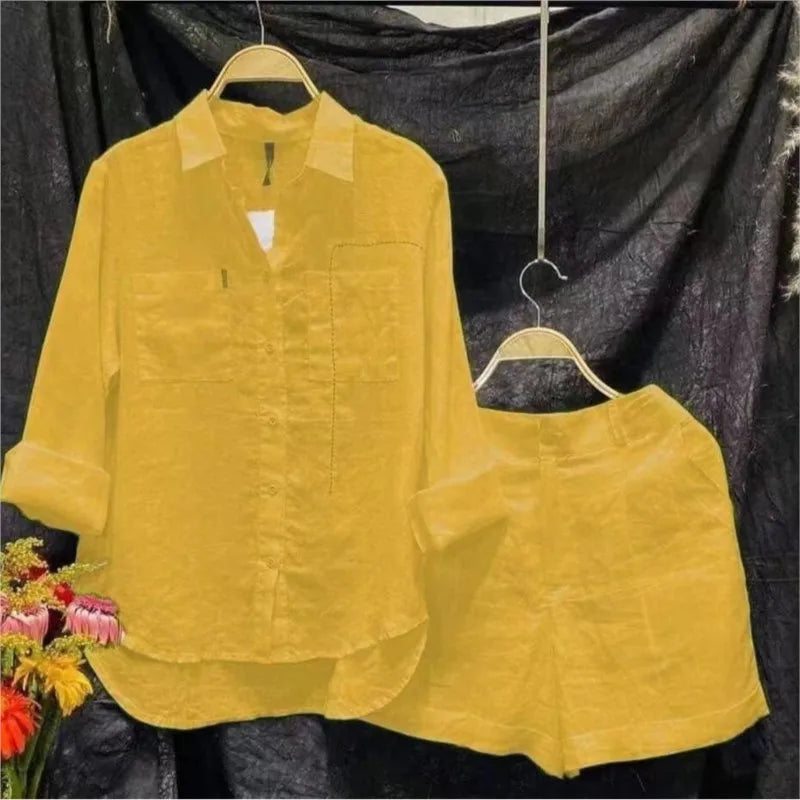 Summer Casual Home 2 Piece Set For Women 2025 Basics Cotton White Long Sleeve Shirt and Shorts Pants Set New Fashion Tracksuit