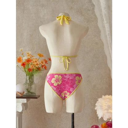 Elegant Floral Color Block Swimsuit Women Triangle Halter High-Waist Bikini Set Cover Up Skirt 2026 New Micro Bikini Three-Piece