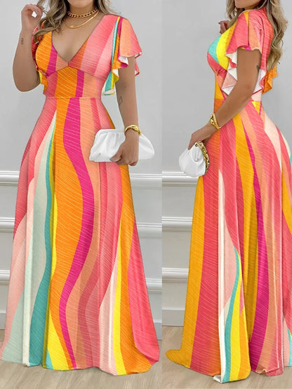 Elegant Women's Dresses Summer Fashion Split Sleeve Pearls Decor Plants Print Split Sleeve Casual V-Neck Half Sleeve Maxi Dress