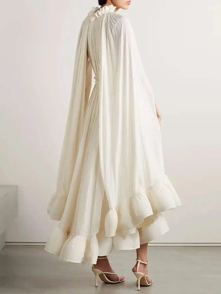IEQJ Elegant Big Swing Irregular Ruffles Party Maxi Dresses For Women Cloak Sleeves Spliced Lace Up Pleated Dress 2025 New