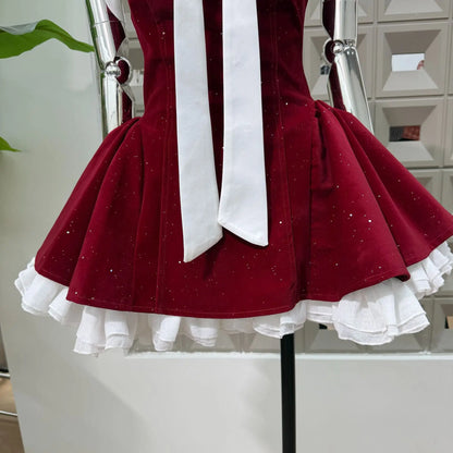 Women Sexy Strapless Backless Polka Dot Bow A Line Dress Party Birthday Evening Ball Gowns Nightclub Show Wear Fashion Vestido