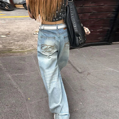 Women's Jeans Vintage Printed High Waist Zipper Pockets Straight Leg Trousers Female 2026 Spring Fashion Woman Clothes Outwears