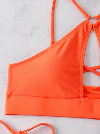 2025 Sexy Orange Bikini Hollow Out Push Up Two-Piece Swimsuit Women Halter Bandage Backless Thong Swimwear Summer Beachwear New