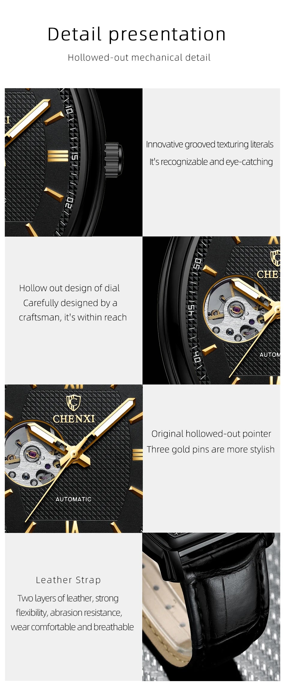 Automatic Mechanical Skeleton Man Watch Fashion Luxury CHENXI Watches For Men Business Leather Waterproof Tonneau Wristwatch