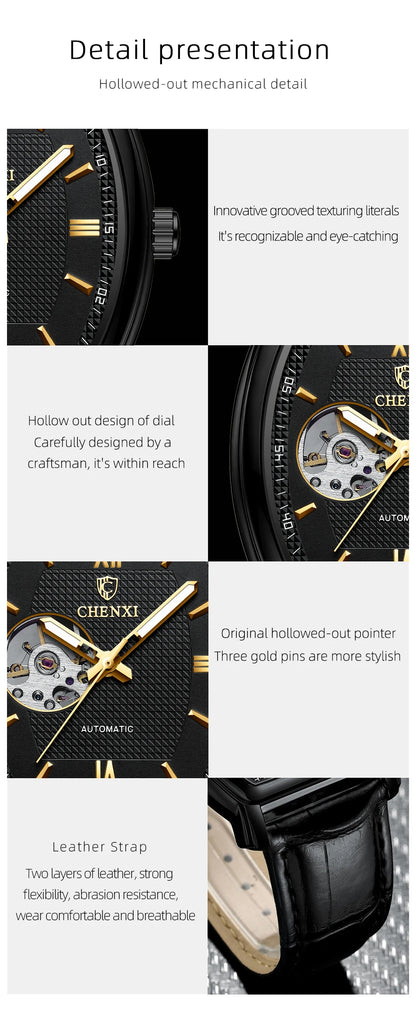 Automatic Mechanical Skeleton Man Watch Fashion Luxury CHENXI Watches For Men Business Leather Waterproof Tonneau Wristwatch