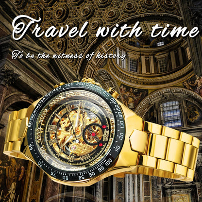 WINNER Gold Transparent Skeleton Automatic Watch for Men Luminous Pointers Luxury Brand Stainless Steel Strap Mechanical Watches