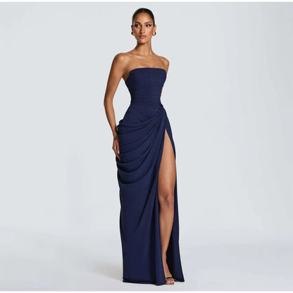 Lady Sexy Strapless Split Solid Pleated Dress Women Chic Backless High Waist Off-shoulder Dresses 2026 New Evening Party Gowns