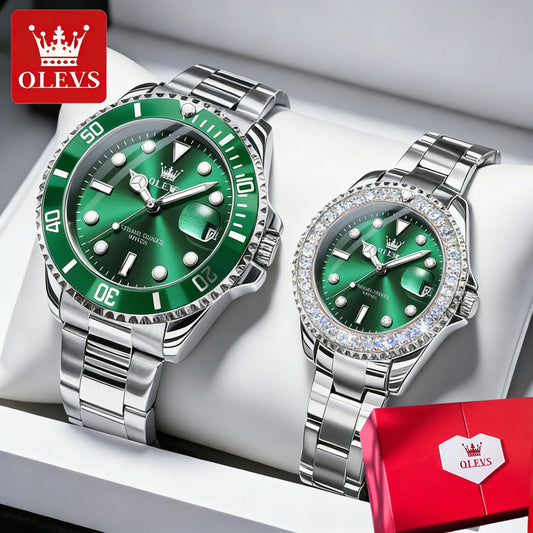 OLEVS Top Brand Couple Watches Trend Luxury Fine Steel Original Quartz Wristwatch for Lover Exquisite Gift Box Waterproof 2Pcs