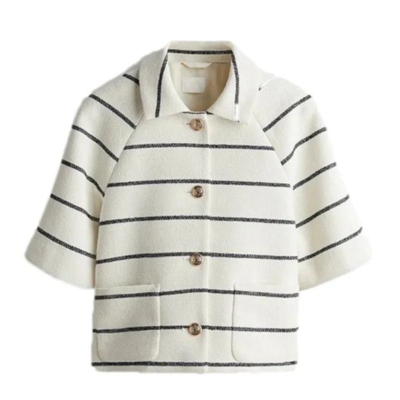 Casual Knitted Striped Shirts Set Women Single-breasted Lapel Half Sleeves Tops Loose High Waist Short 2026 Summer New Lady Suit