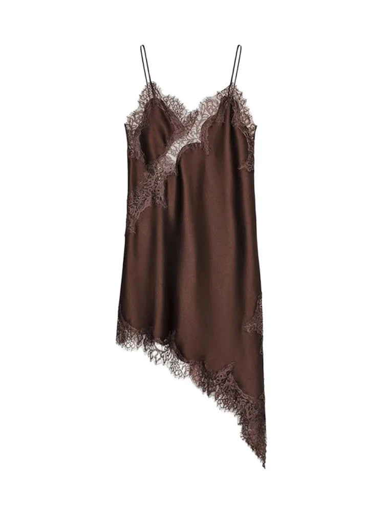 Sexy Satin Sexy Lace Spliced Sling Dress Women V-neck Sleeveless Backless Asymmetric Party Dresses 2025 Summer Vestidos