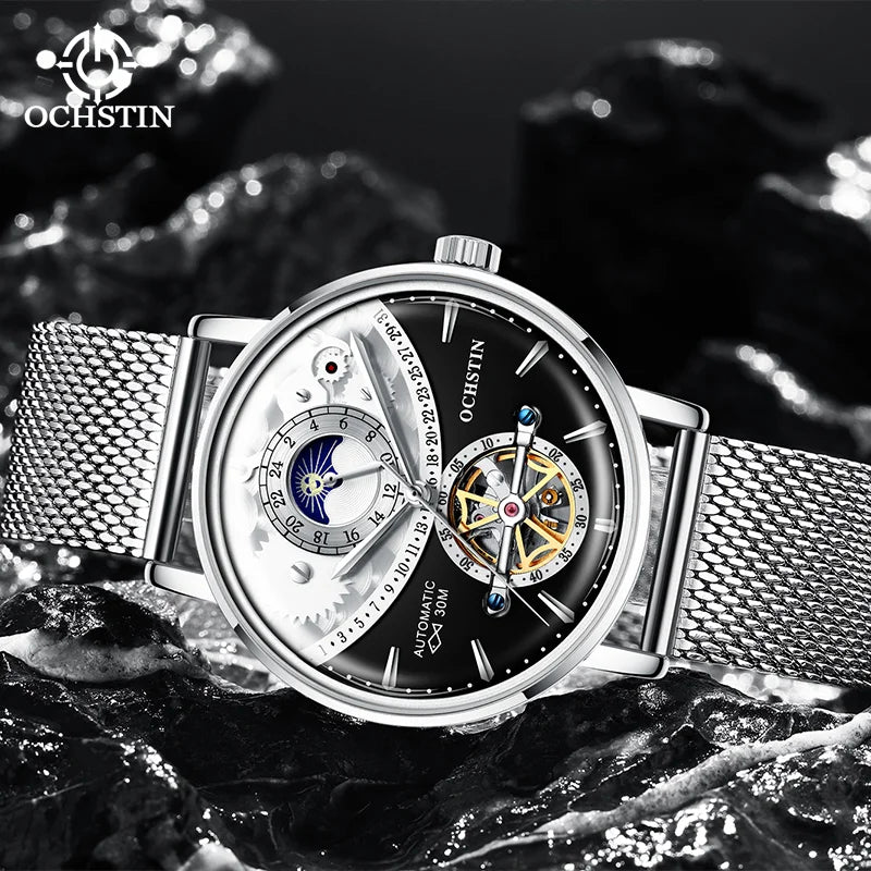 OCHSTIN Men's Stainless Steel Mesh Bracelet Watches Man High-Grade Cooktop Glass Skeleton Mechanical Flying Tourbillon Watch