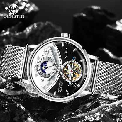 OCHSTIN Men's Stainless Steel Mesh Bracelet Watches Man High-Grade Cooktop Glass Skeleton Mechanical Flying Tourbillon Watch