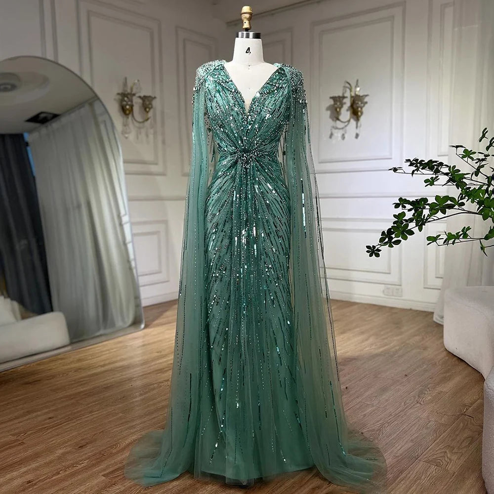 Serene Hill 2025 Turquoise Mermaid Evening Dresses Gowns With Beaded  Cape For Women's Wedding Party LA72168A Customized