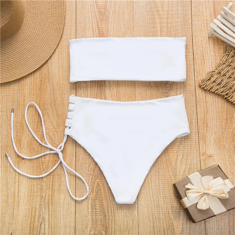 White push up swimsuit 2023 Summer beach sexy bikini set High Waist solid swimming suit for women swimwear Bandeau bathing suit