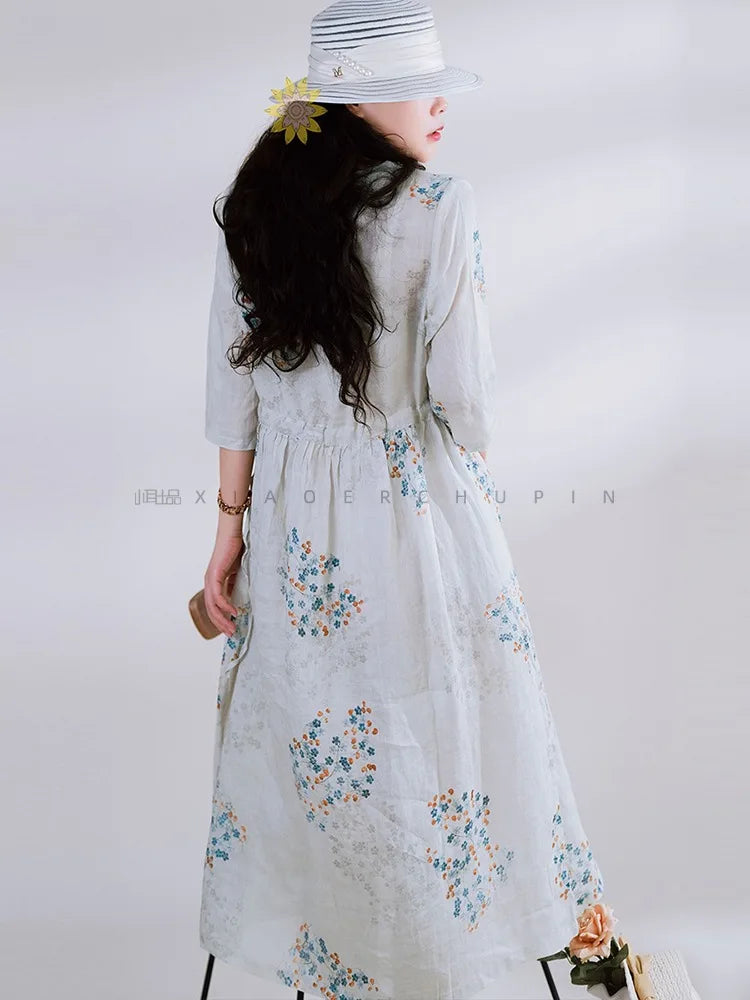 Summer Dress Women 2025 Long Print Elegant Clothing Vintage Elastic Waist Korean Beach Style V-Neck Fashion Robe Ropa De Mujer