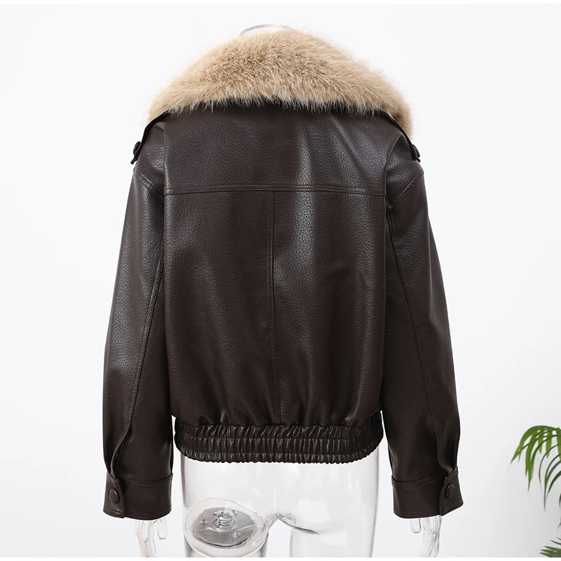 Brown Faux Fur Collar Leather Jacket Women Oversize Design Long Sleeve Coat 2025 Fashion Luxurious Versatile Bomber Outerwear