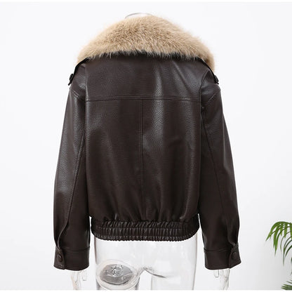 Brown Faux Fur Collar Leather Jacket Women Oversize Design Long Sleeve Coat 2025 Fashion Luxurious Versatile Bomber Outerwear