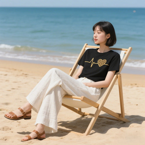 Summer new women's T-shirt with leopard print and heartbeat pattern, short-sleeved