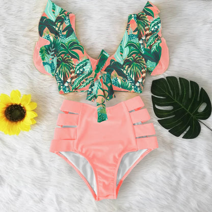 High Waist Ruffled Sexy Bikini Set 2025 Flounce Biquini Swimwear Women Two Pieces Swimsuit Floral Beachwear V-Neck Bathing Suit